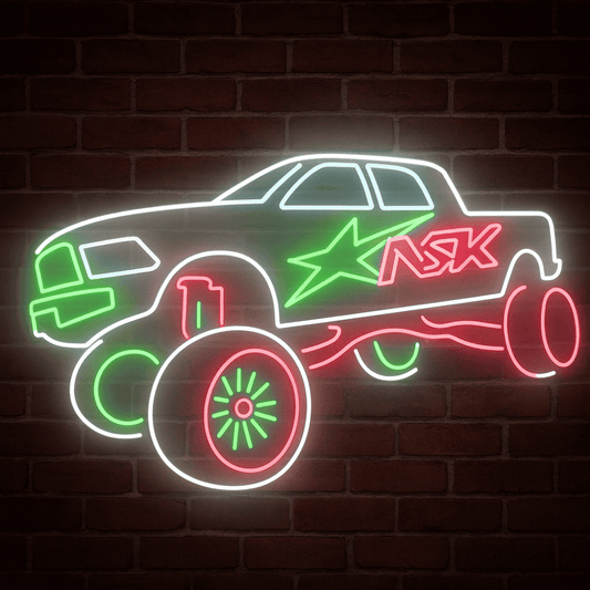 Neon sign of a car with 'ASX' branding on a brick wall background