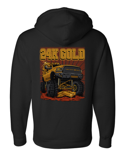 Black hoodie with a graphic print of a vehicle and the text '24K GOLD' on the front.