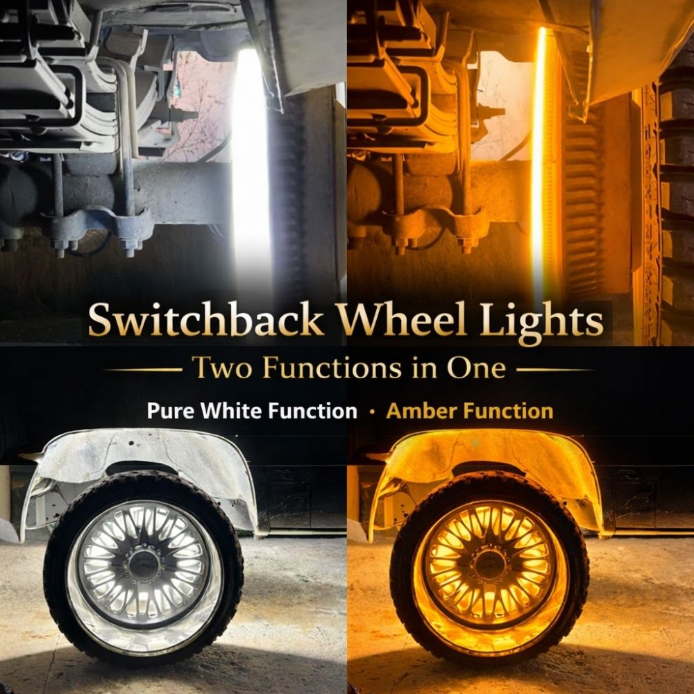 Advertisement for switchback wheel lights with images of lights on a vehicle and text highlighting two functions.