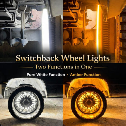 Advertisement for switchback wheel lights with images of lights on a vehicle and text highlighting two functions.