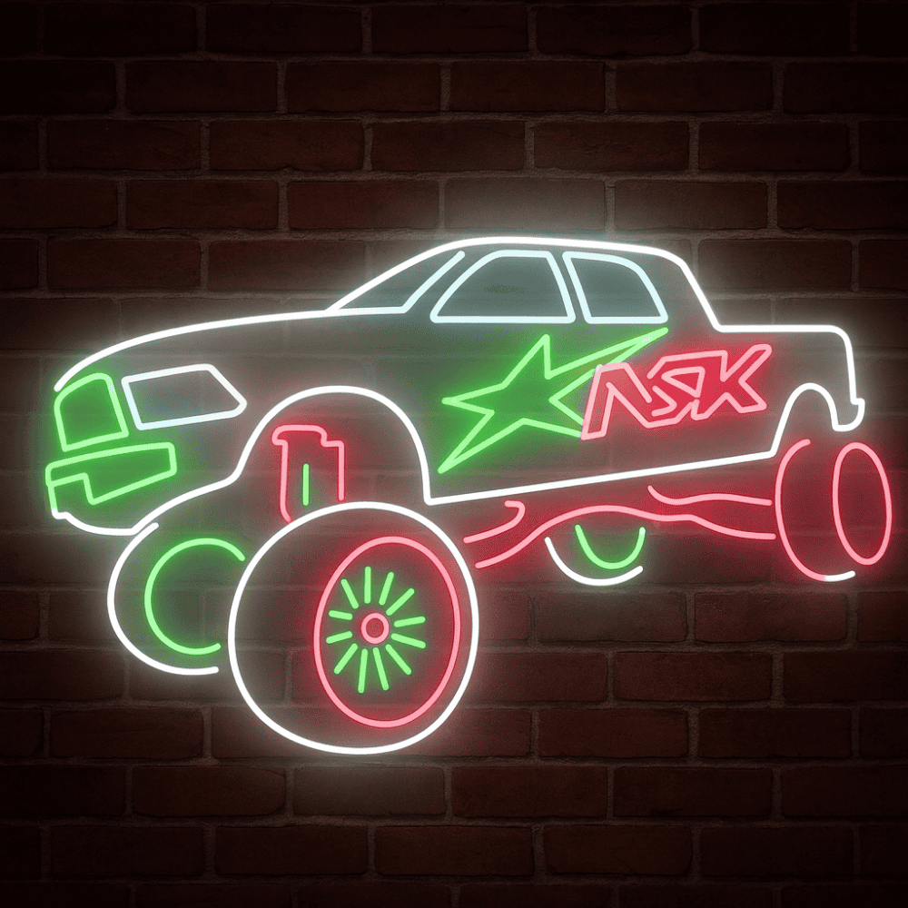 Neon sign of a car with 'ASX' branding on a brick wall background