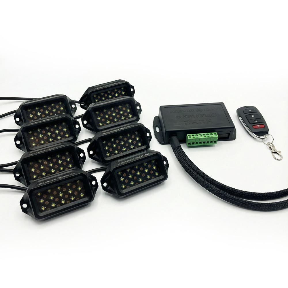 Set of LED lights with a control box and remote on a white background