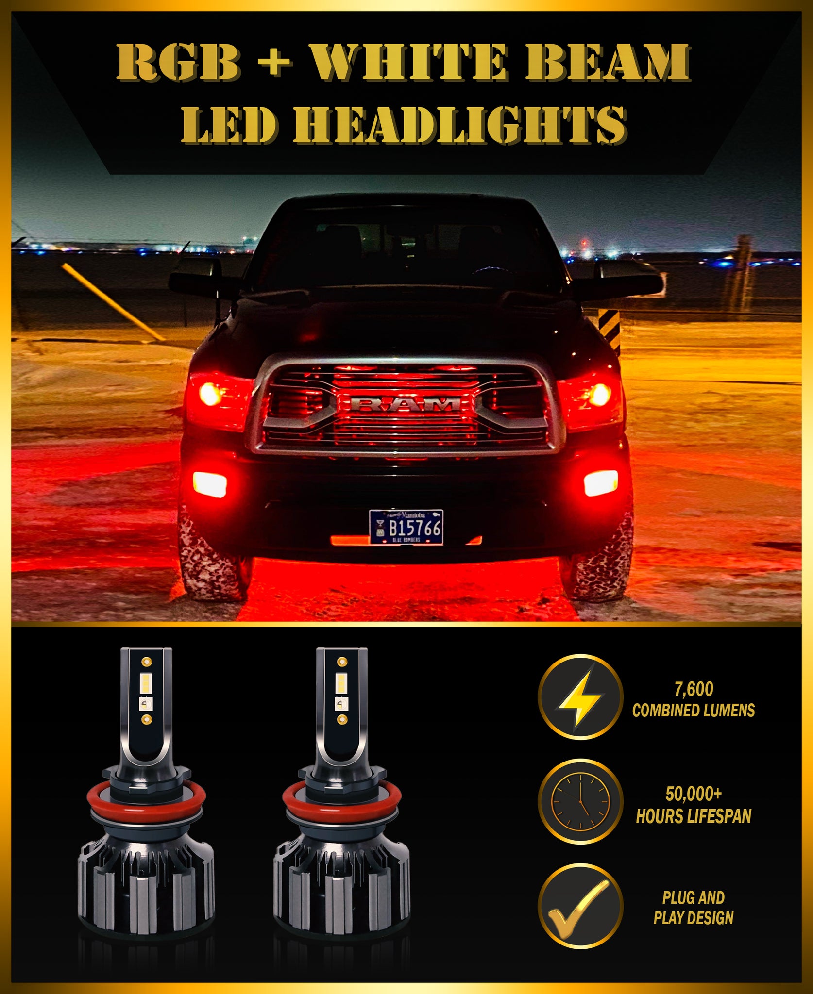 h1 tricolor led headlight 80w drl